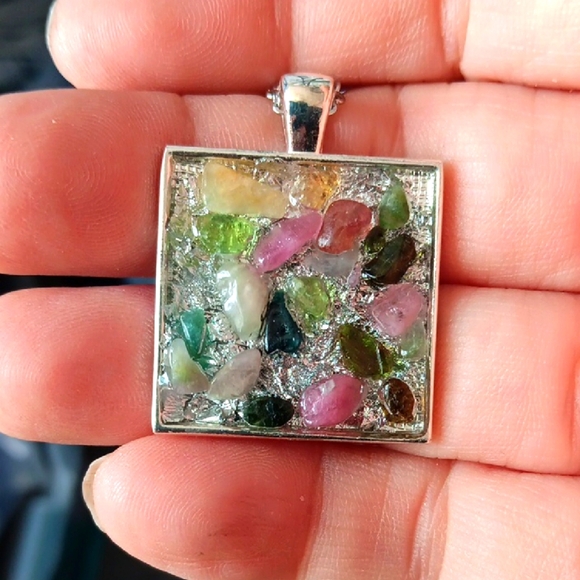 Rainbow Tourmaline Resin Pendant Necklace - Picture 1 of 4